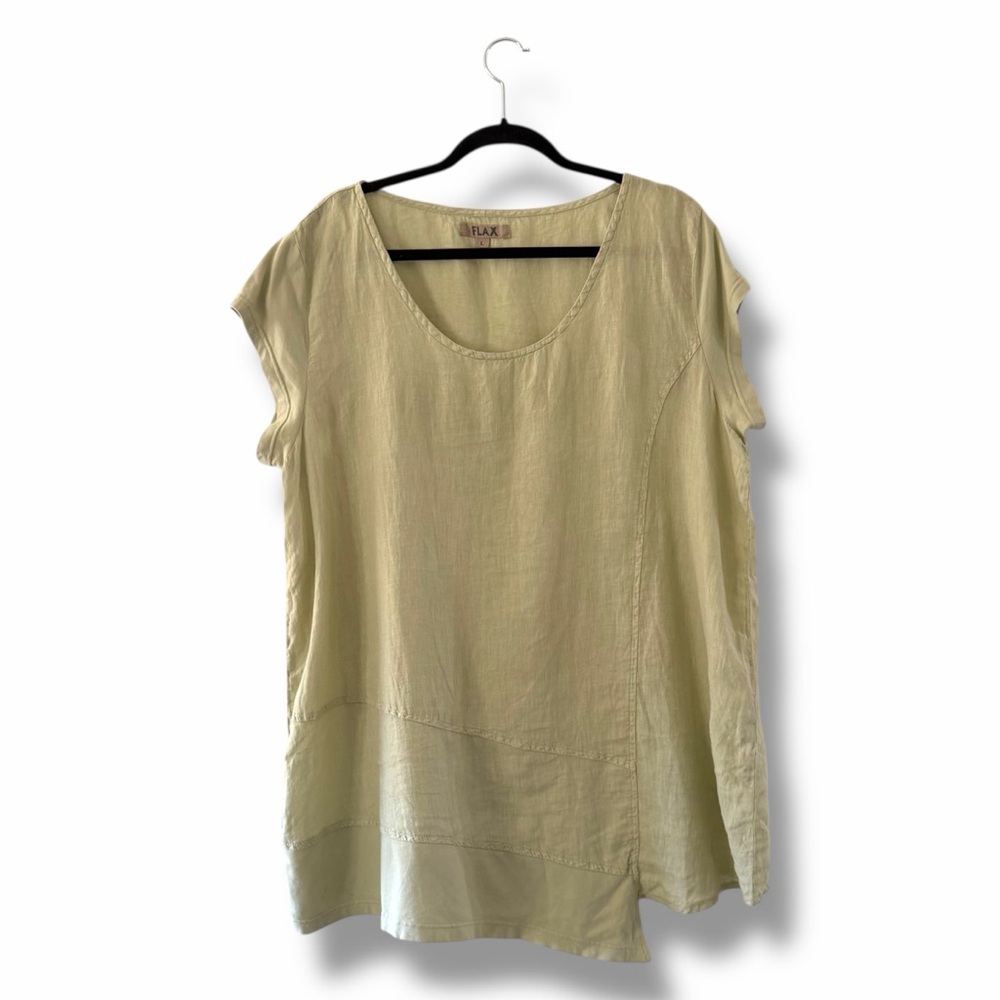 Flax Celery Linen Scoop Neck Asymmetrical Tunic Mixed Media Top Boho Size Large